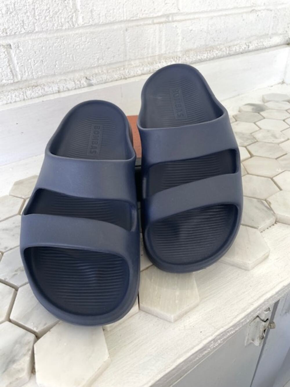 Bombas Sunday Slippers Navy Blue Double Strap Recovery Slides Sandals